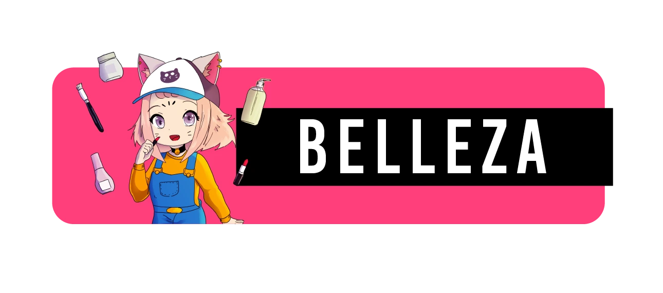 header BELLEZA Haruno usando maquillaje y la palabra Belleza