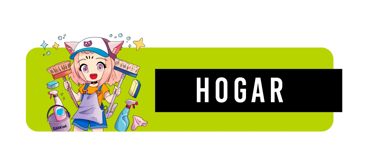 Haruno con diferentes productos de limpieza y la palabra Hogar a un lado