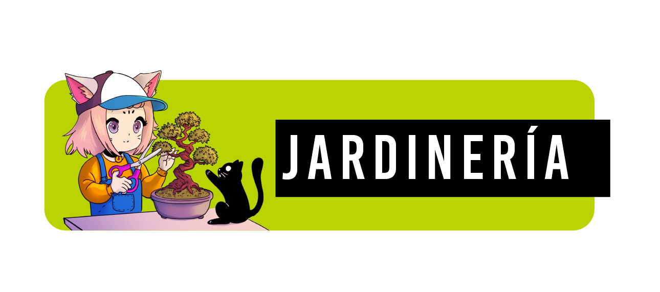 header-JARDINERIA Haruno podando un bonsái mientras su gato la observa y la palabra Jardinería a un lado