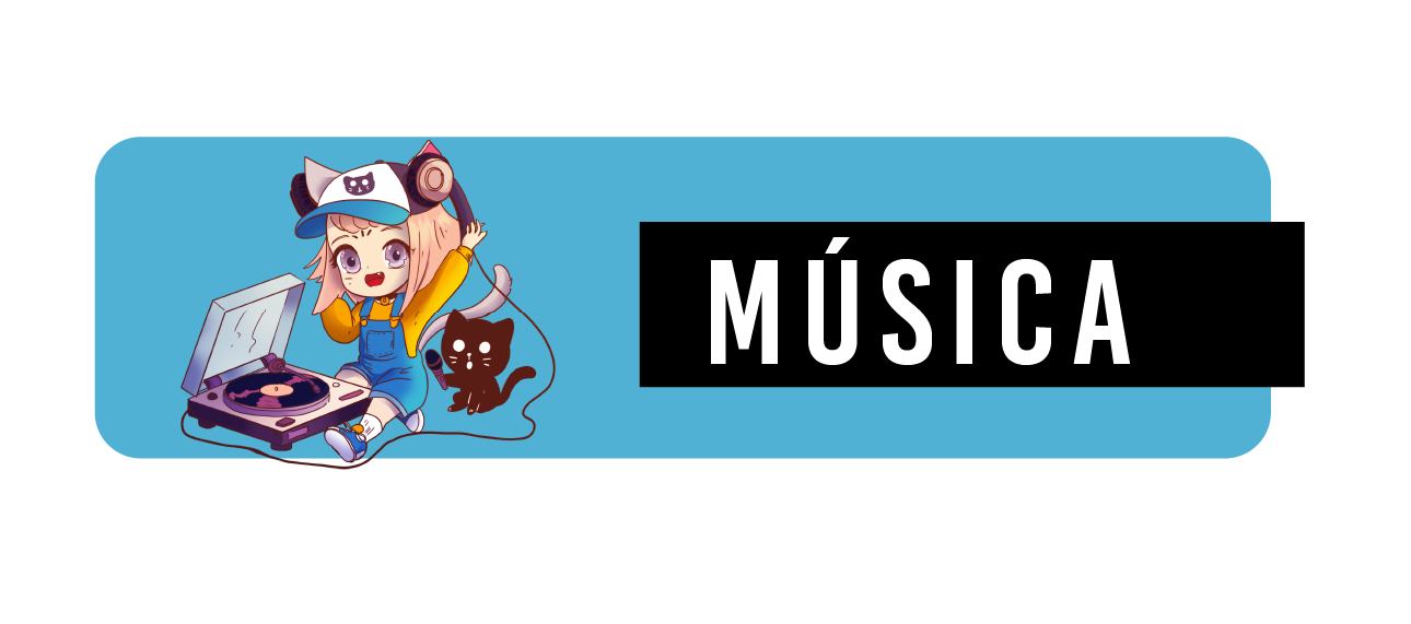 header-MUSICA Haruno escuchando música en su tocadiscos con la palabra música a un lado