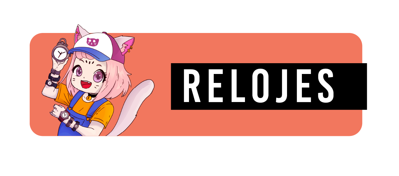 header-RELOJES Haruno usando muchos relojes y la palabra Relojes a un lado