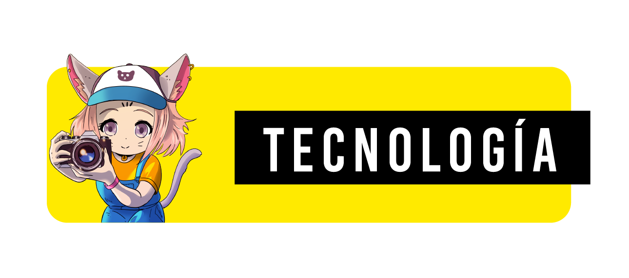 header-TECNOLOGIA Haruno usando una cámara fotográfica y al lado la palabra Tecnología